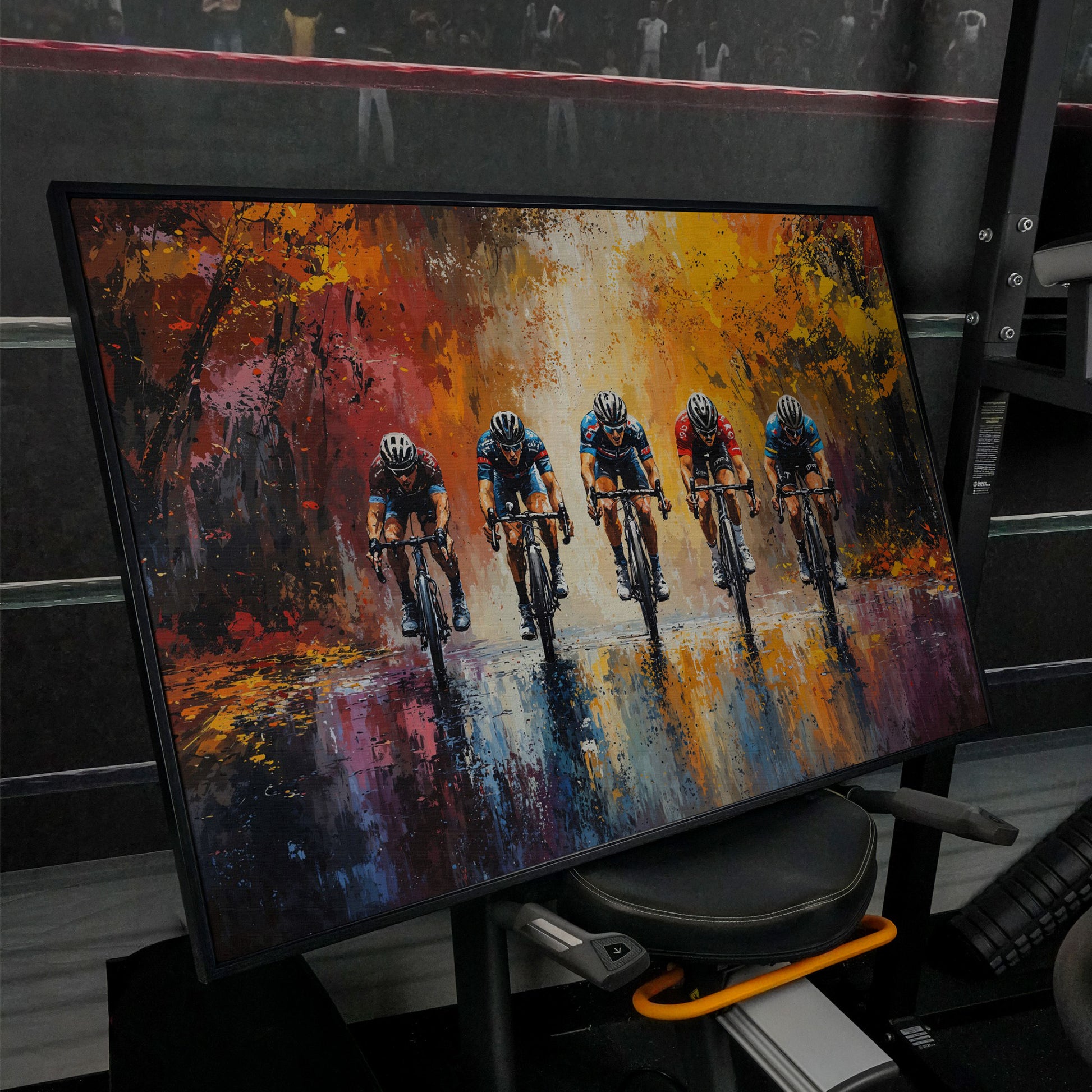 Colorful Cycling Race Canvas Print in black floating frame