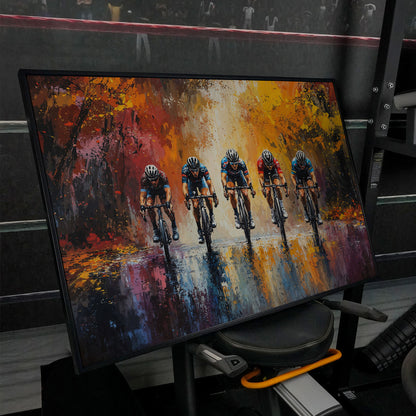 Colorful Cycling Race Canvas Print in black floating frame