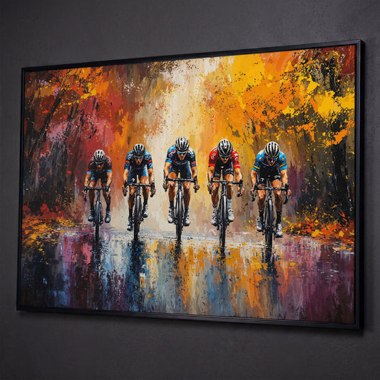 Colorful Cycling Race Canvas Print shown in black floating frame