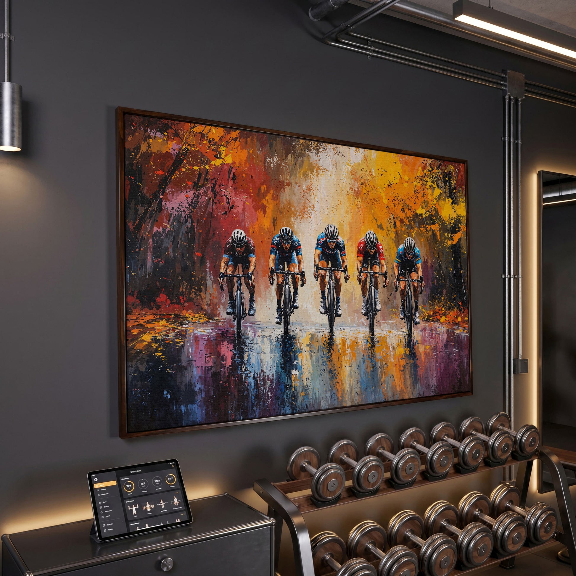 Colorful Cycling Race Canvas Print in dark walnut floating frame