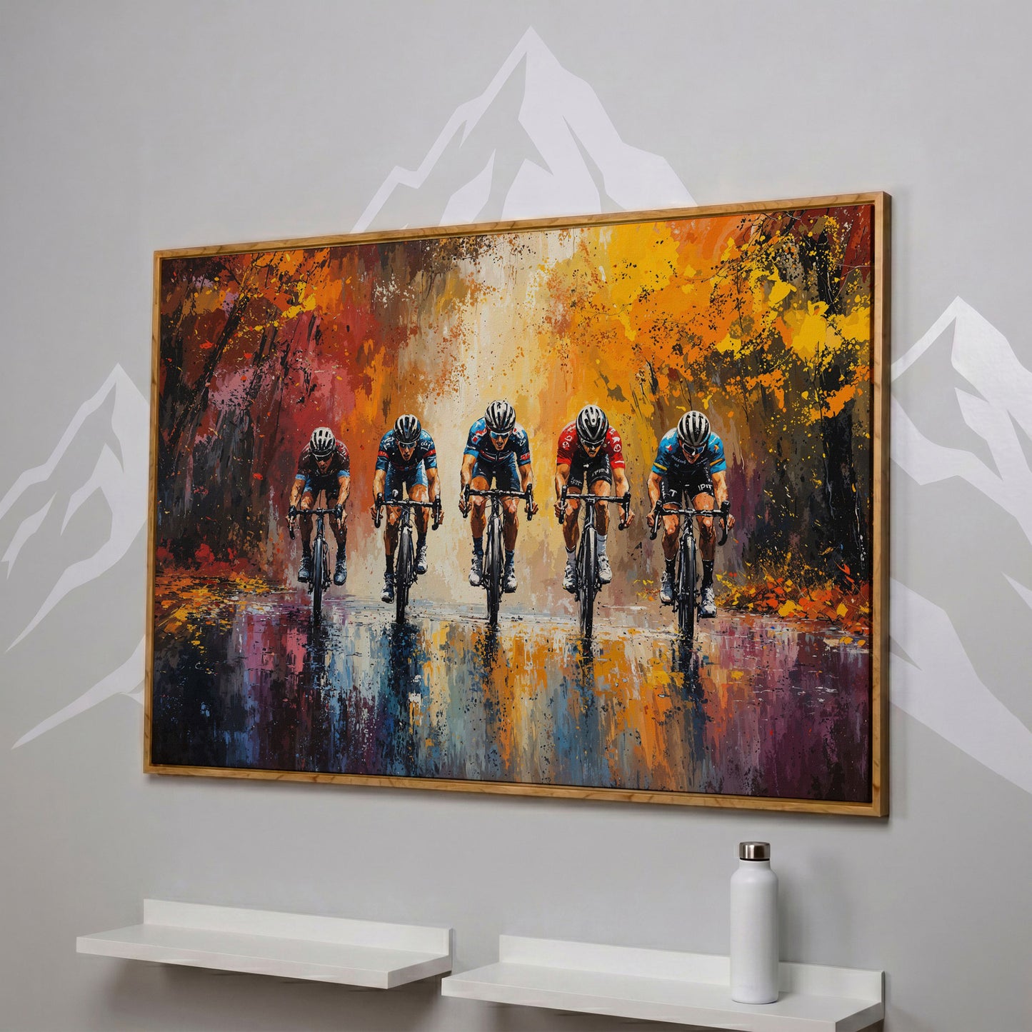 Colorful Cycling Race Canvas Print in white oak floating frame