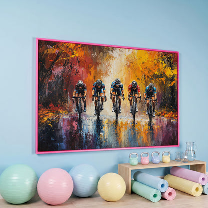 Colorful Cycling Race Canvas Print in pink floating frame