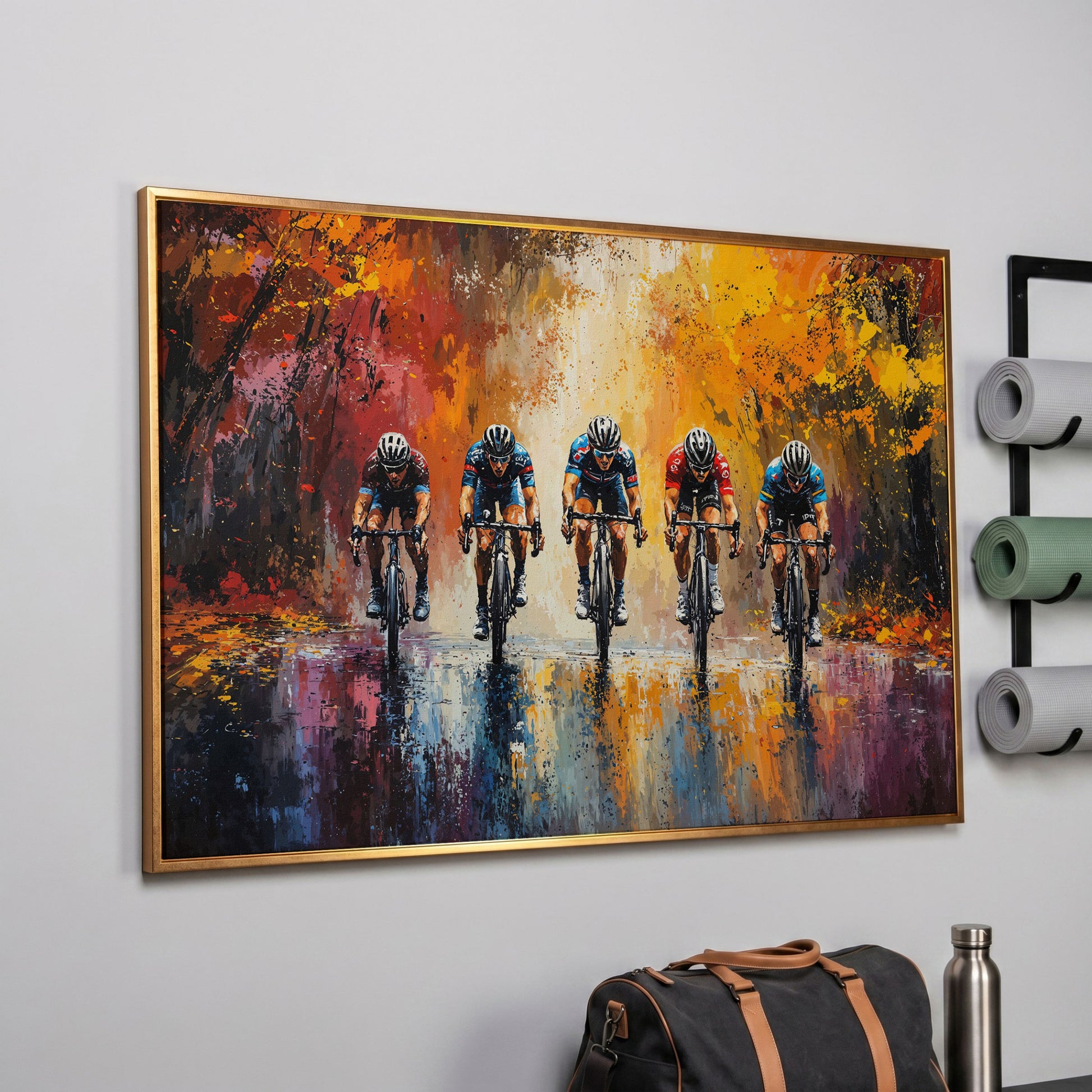 Colorful Cycling Race Canvas Print in rose gold floating frame