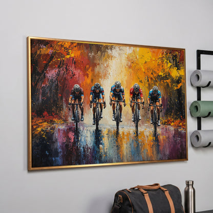 Colorful Cycling Race Canvas Print in rose gold floating frame