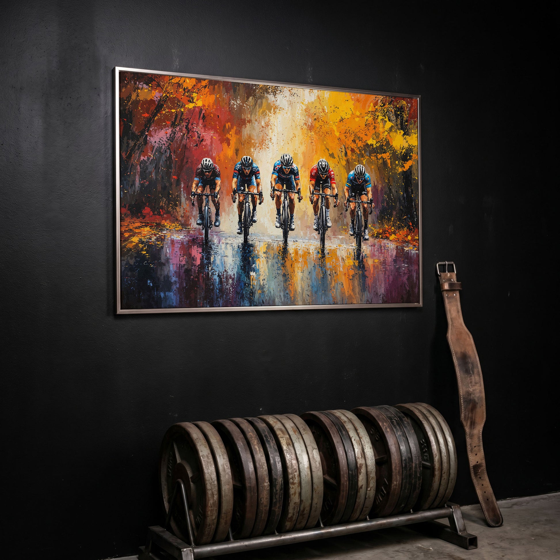 Colorful Cycling Race Canvas Print in silver floating frame
