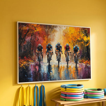 Colorful Cycling Race Canvas Print in white floating frame
