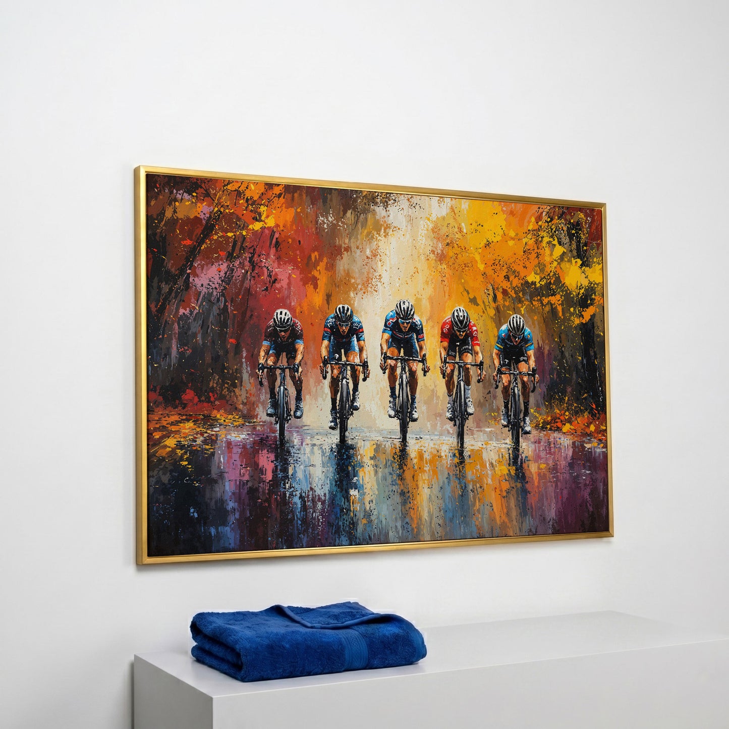 Colorful Cycling Race Canvas Print in yellow gold floating frame