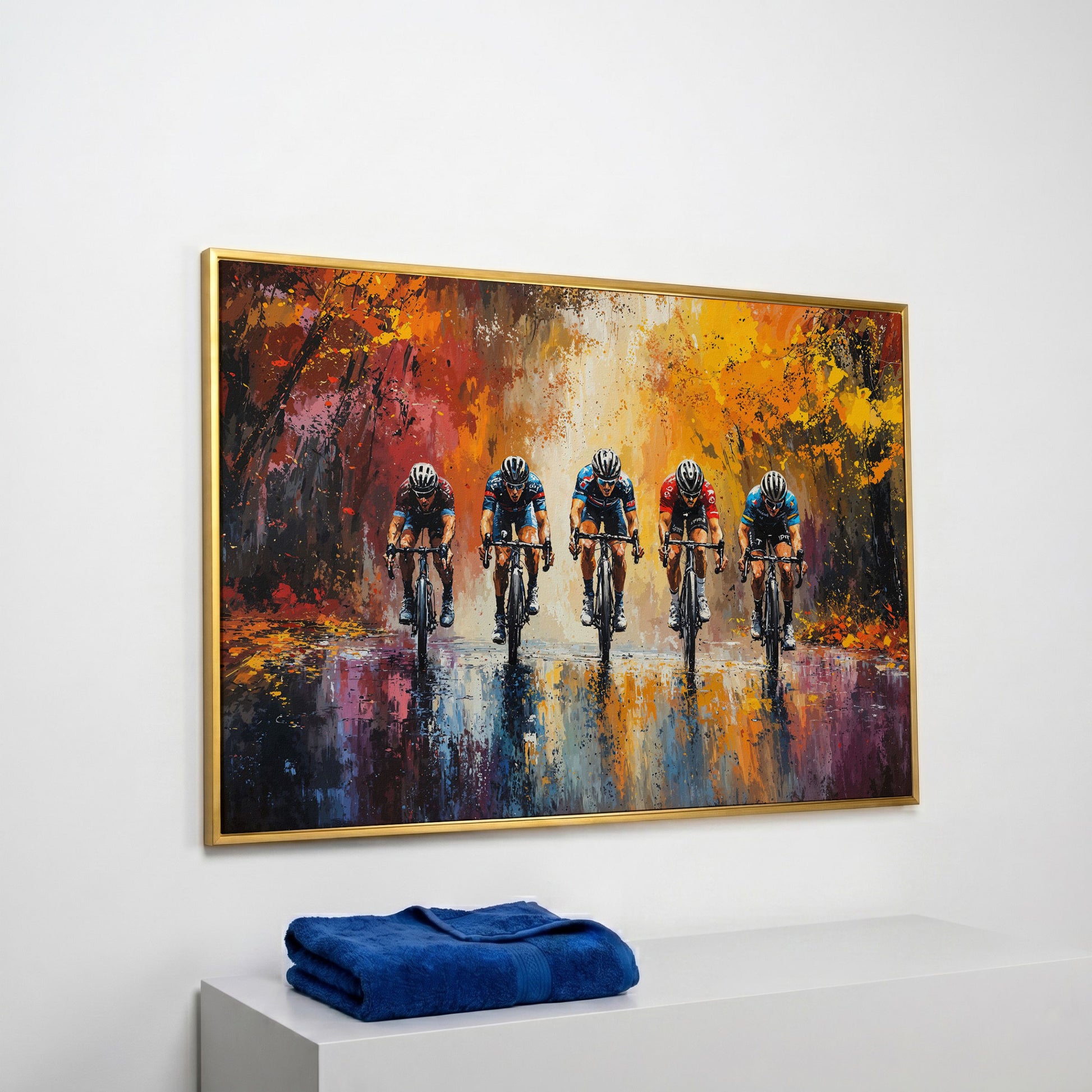 Colorful Cycling Race Canvas Print in yellow gold floating frame