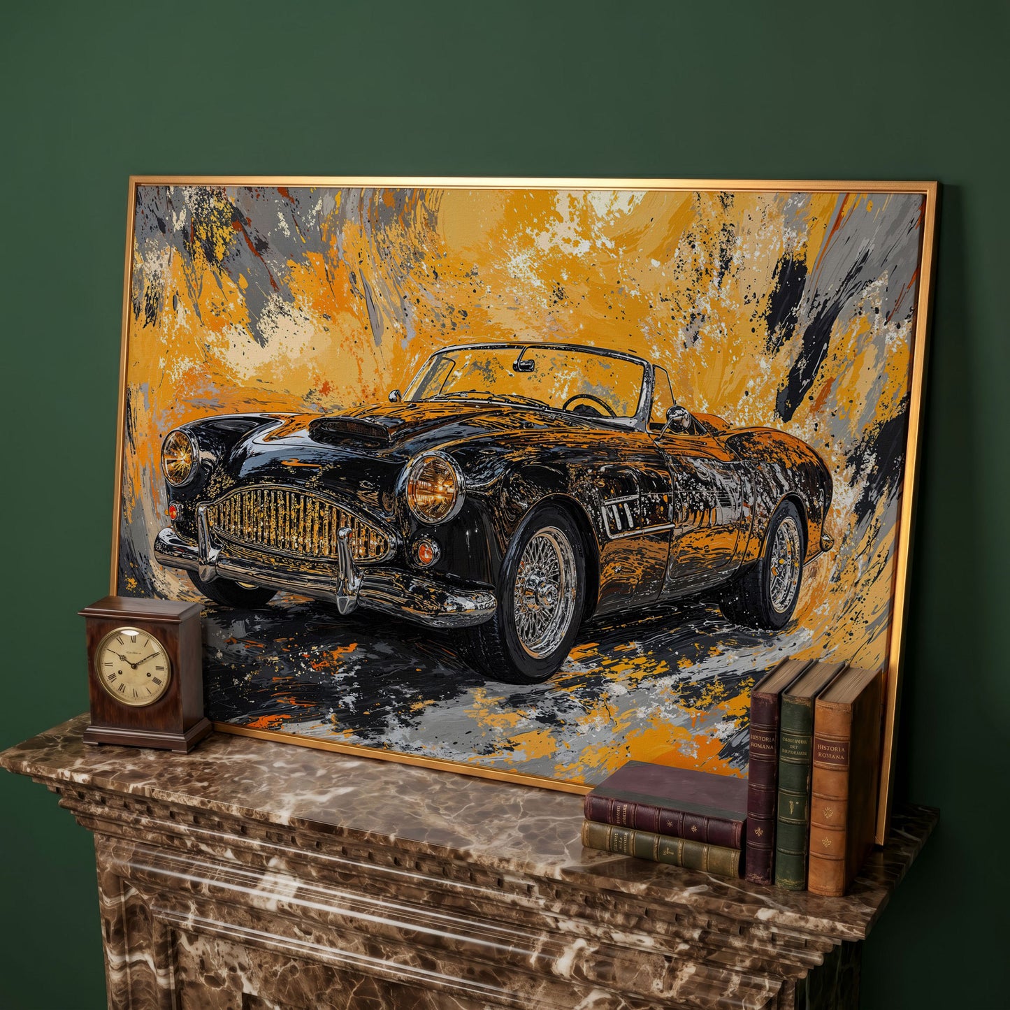 Classic Convertible Car Canvas Print in Mustard and Charcoal in antique gold floating frame