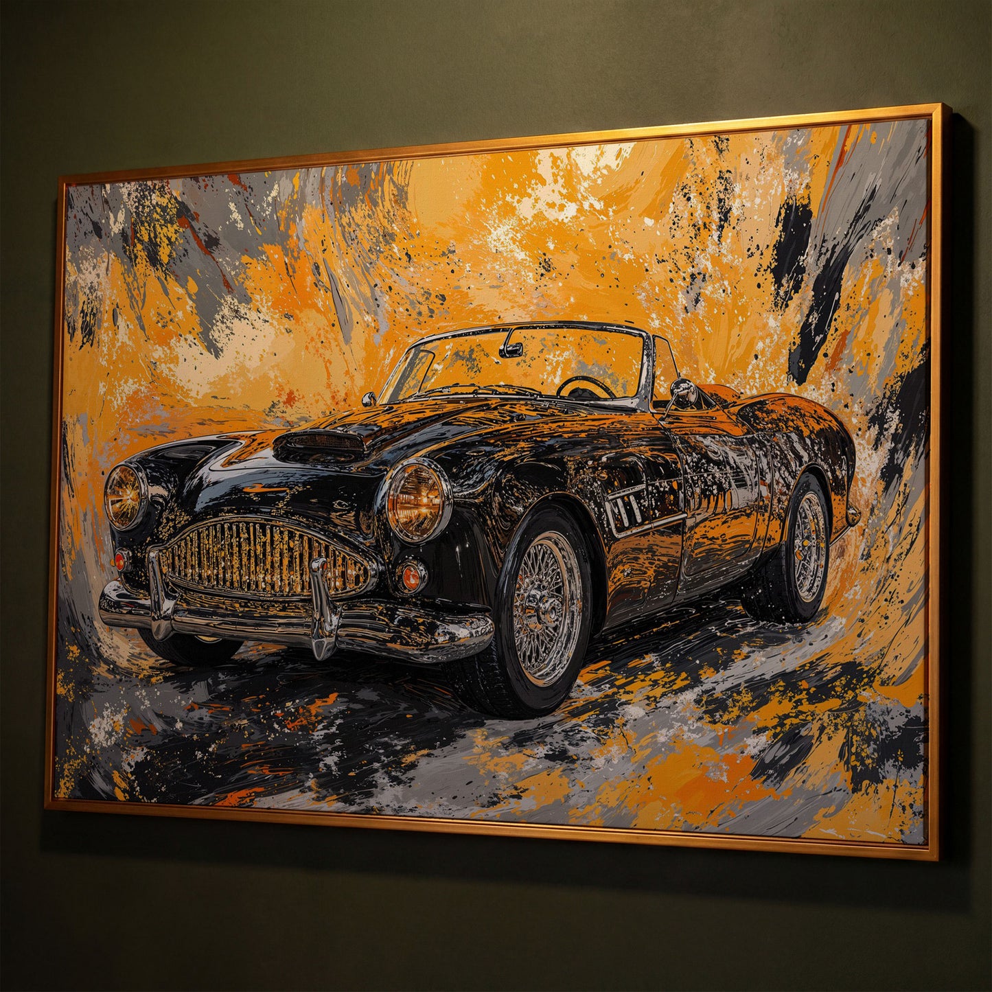 Classic Convertible Car Canvas Print in Mustard and Charcoal shown in antique gold floating frame