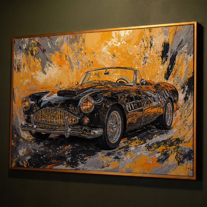 Classic Convertible Car Canvas Print in Mustard and Charcoal shown in antique gold floating frame