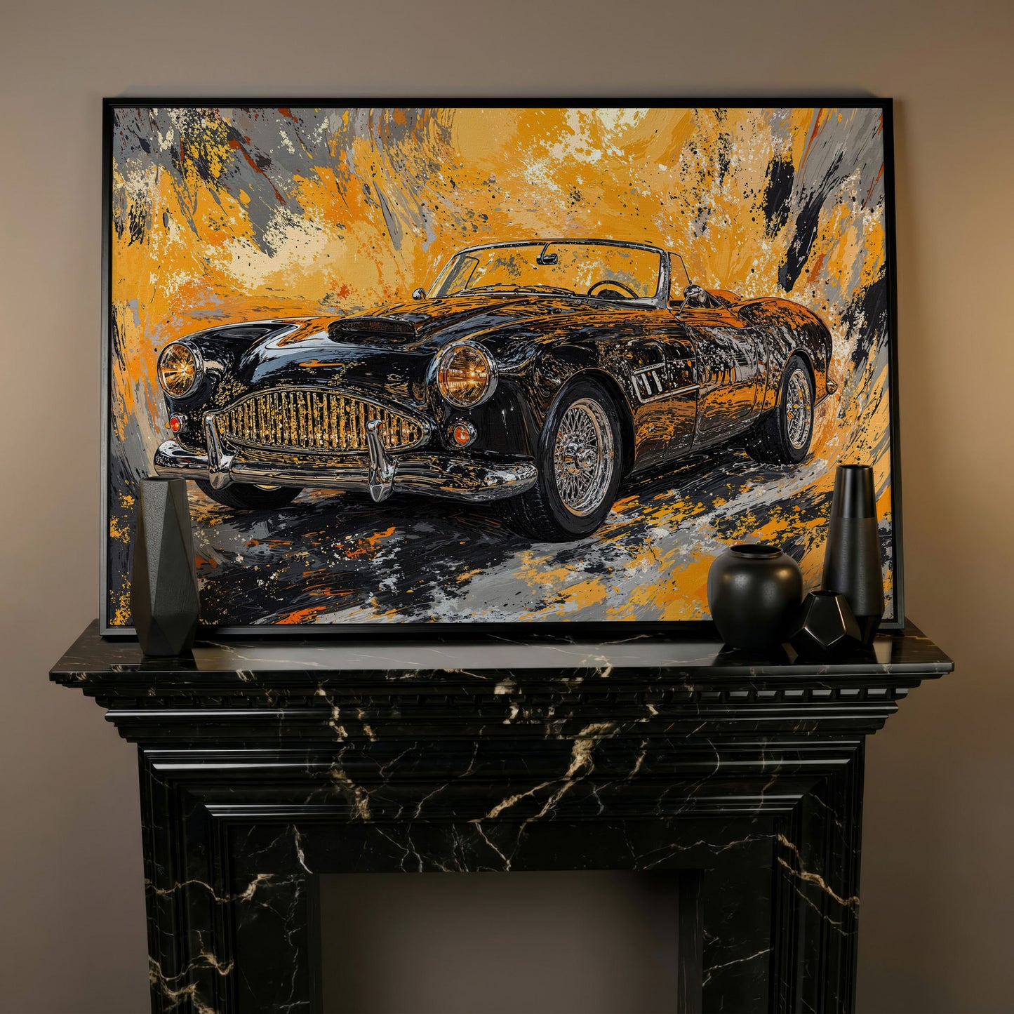 Classic Convertible Car Canvas Print in Mustard and Charcoal in black floating frame