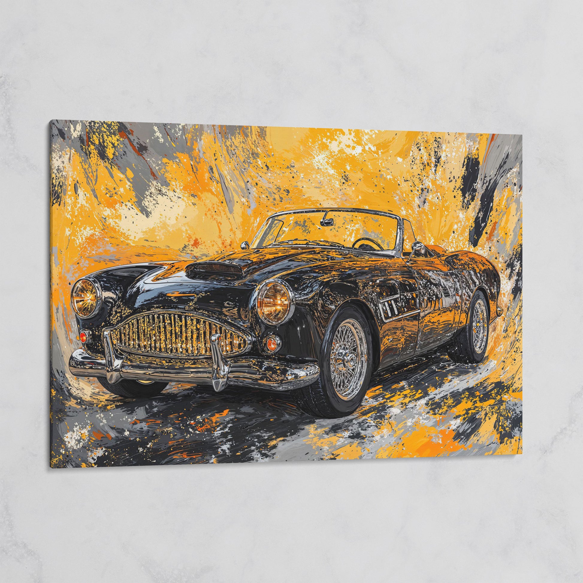 Classic Convertible Car Canvas Print in Mustard and Charcoal on gallery wrap