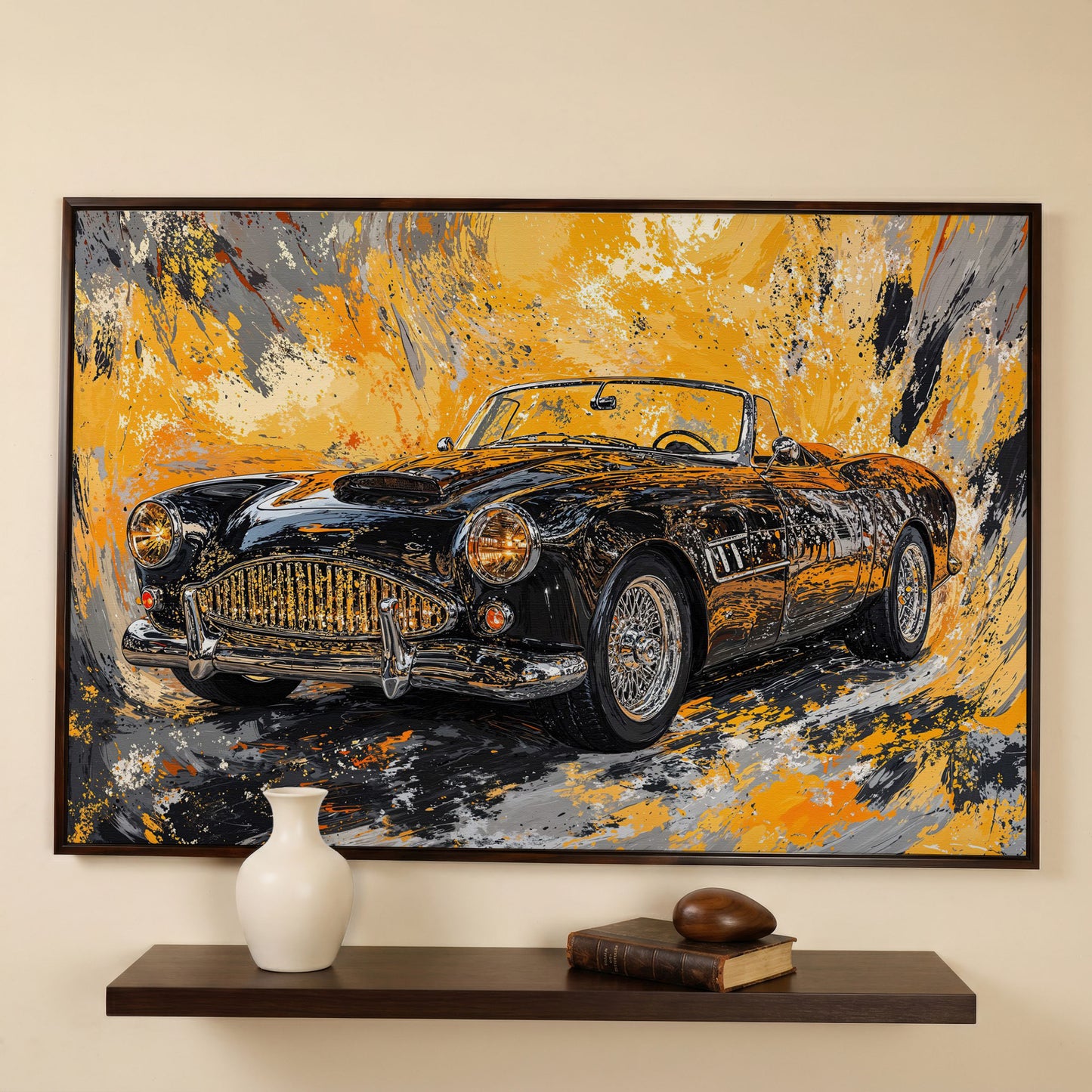 Classic Convertible Car Canvas Print in Mustard and Charcoal in dark walnut floating frame