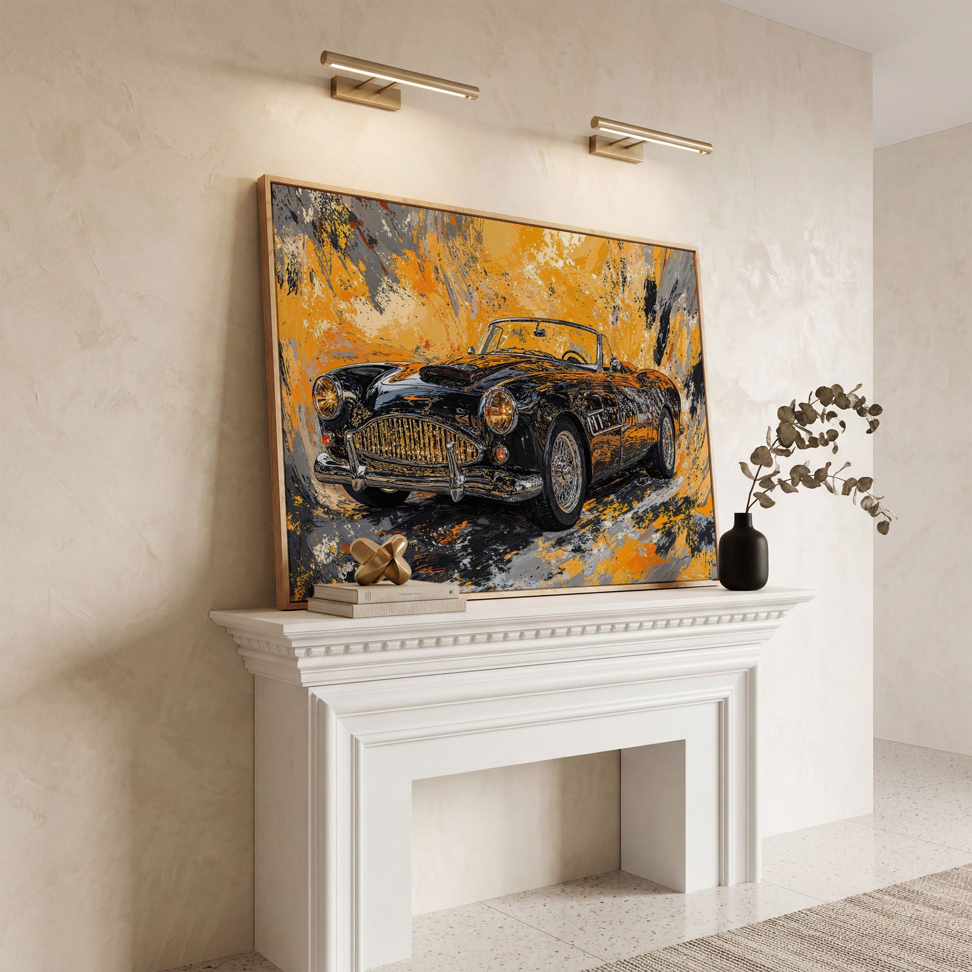 Classic Convertible Car Canvas Print in Mustard and Charcoal in white oak floating frame
