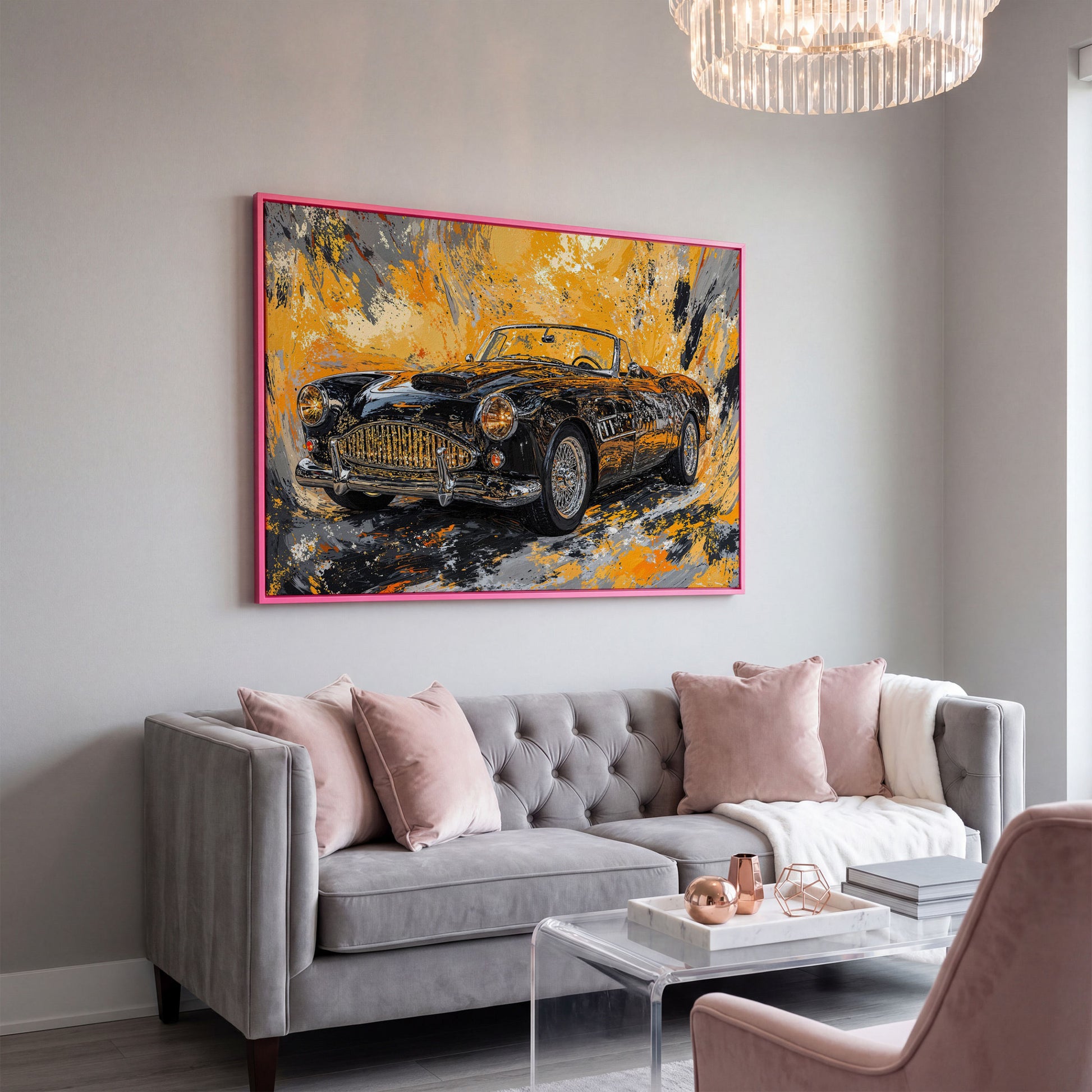 Classic Convertible Car Canvas Print in Mustard and Charcoal in pink floating frame