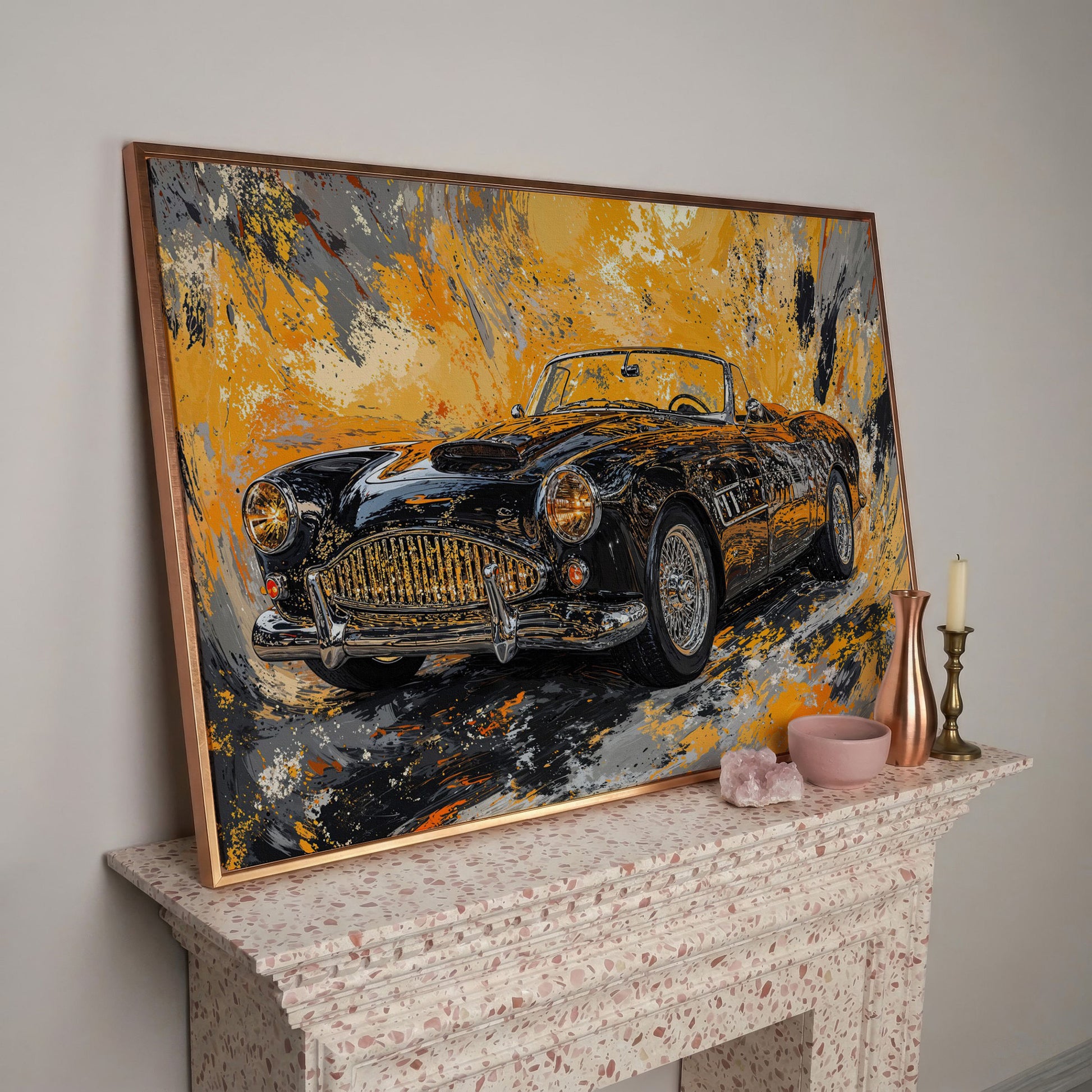 Classic Convertible Car Canvas Print in Mustard and Charcoal in rose gold floating frame