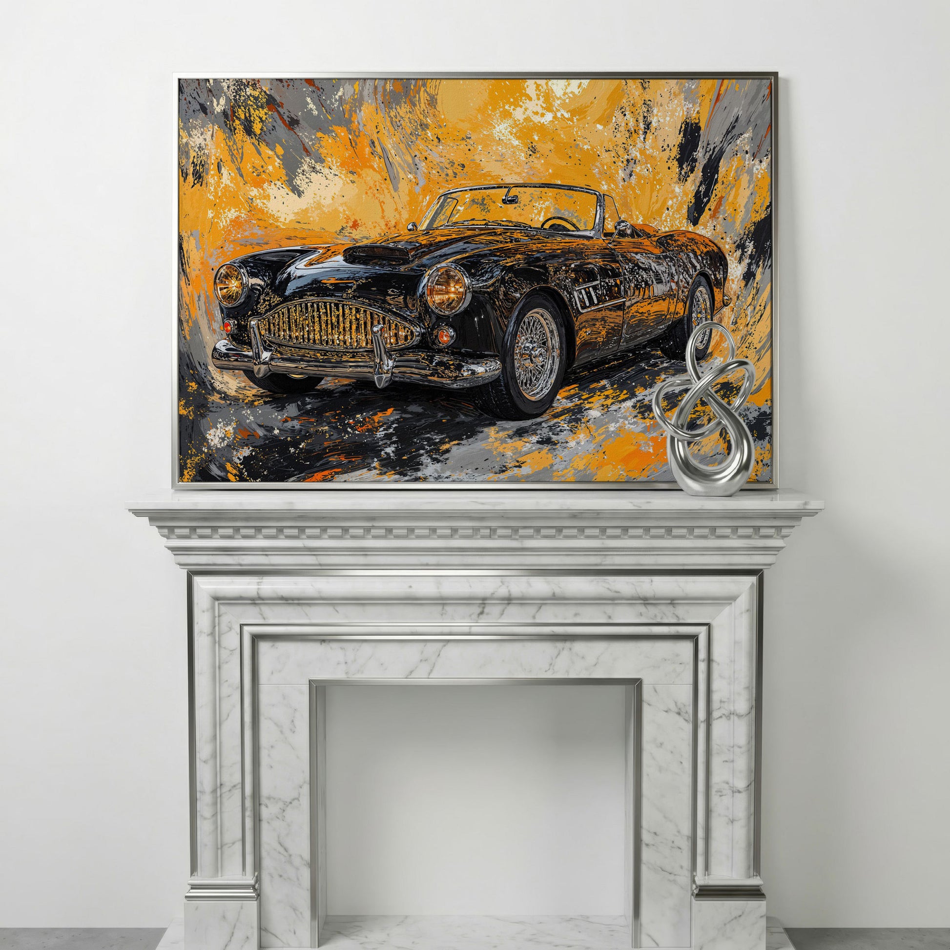 Classic Convertible Car Canvas Print in Mustard and Charcoal in silver floating frame