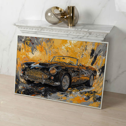 Classic Convertible Car Canvas Print in Mustard and Charcoal in white floating frame
