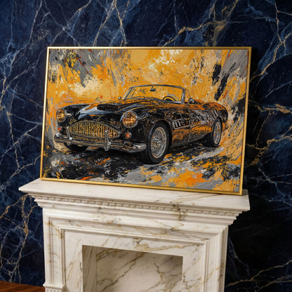 Classic Convertible Car Canvas Print in Mustard and Charcoal in yellow gold floating frame