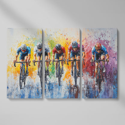 Vibrant Cycling Race Canvas Print with Abstract Brushstrokes as 3-panel split version
