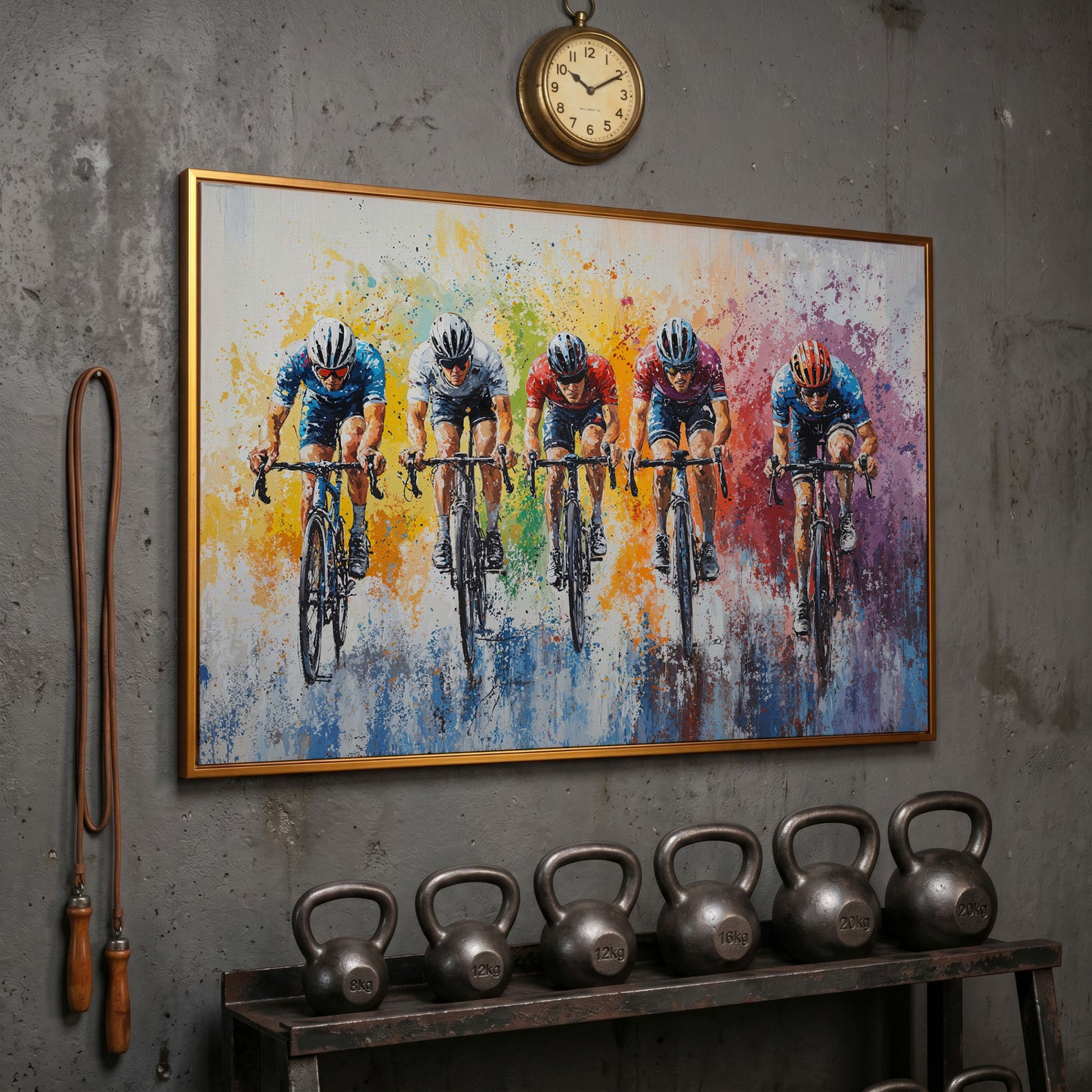 Vibrant Cycling Race Canvas Print with Abstract Brushstrokes in antique gold floating frame