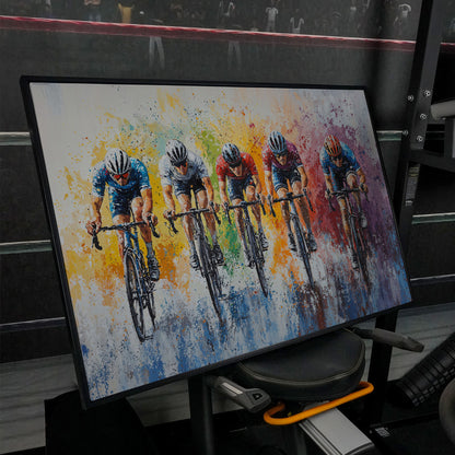 Vibrant Cycling Race Canvas Print with Abstract Brushstrokes in black floating frame