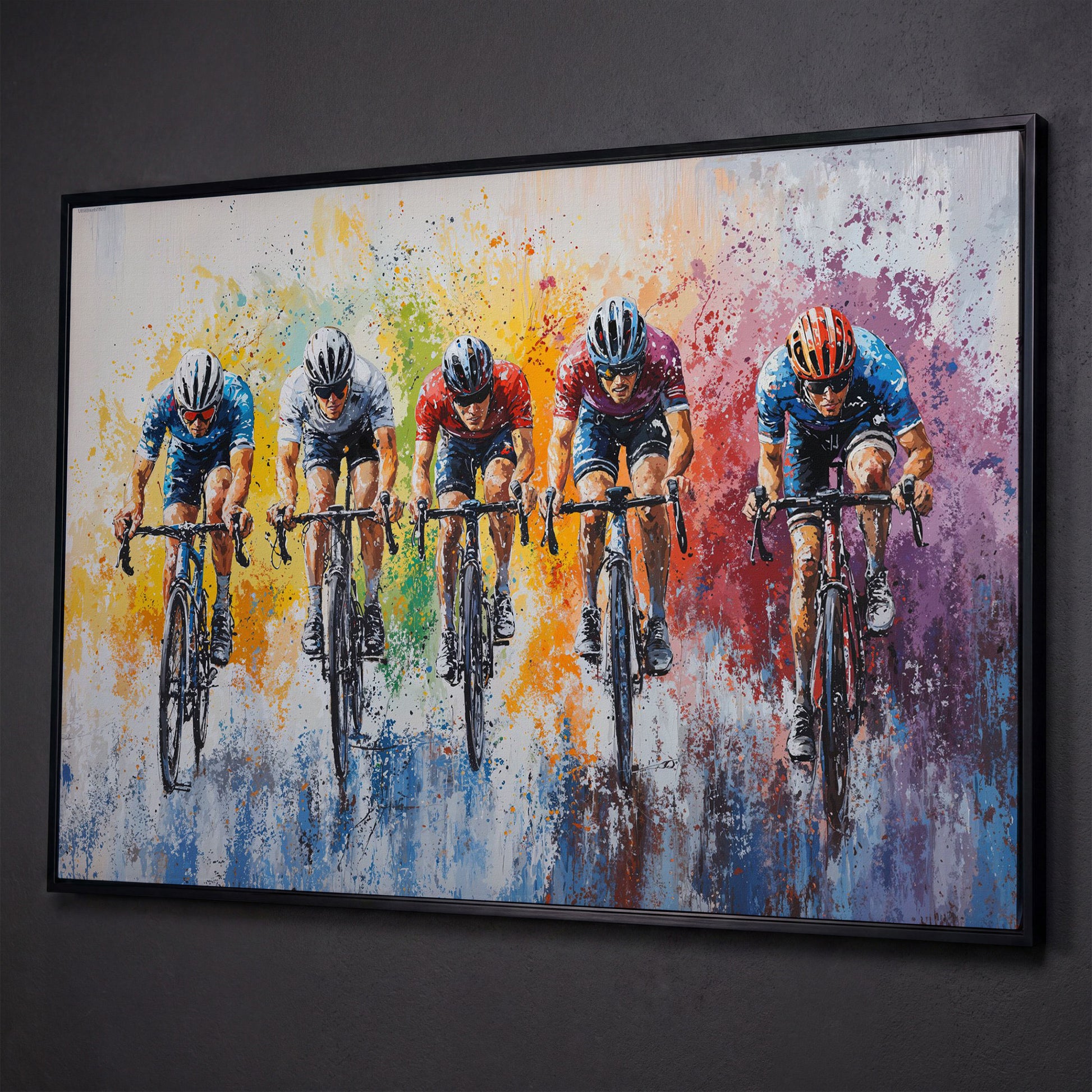 Vibrant Cycling Race Canvas Print with Abstract Brushstrokes shown in black floating frame