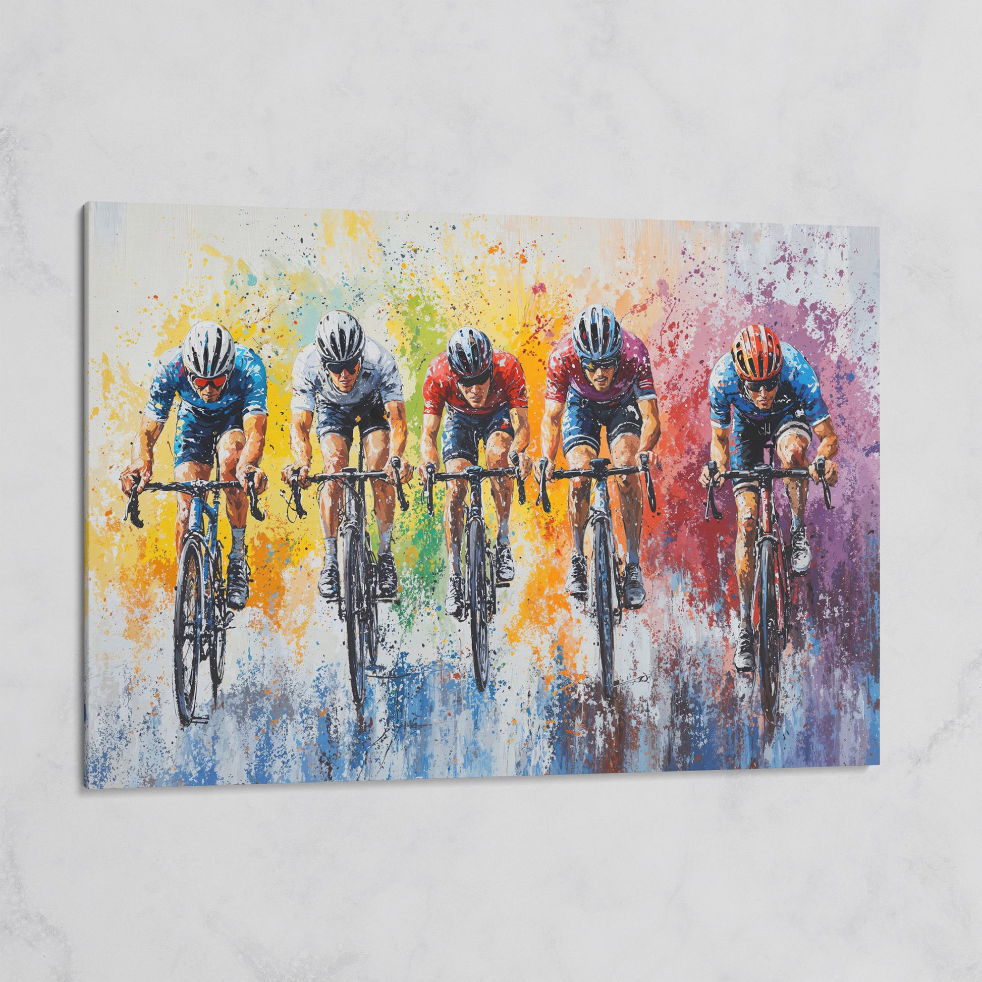 Vibrant Cycling Race Canvas Print with Abstract Brushstrokes on gallery wrap