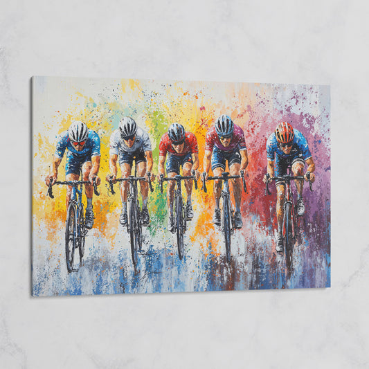 Vibrant Cycling Race Canvas Print with Abstract Brushstrokes on gallery wrap