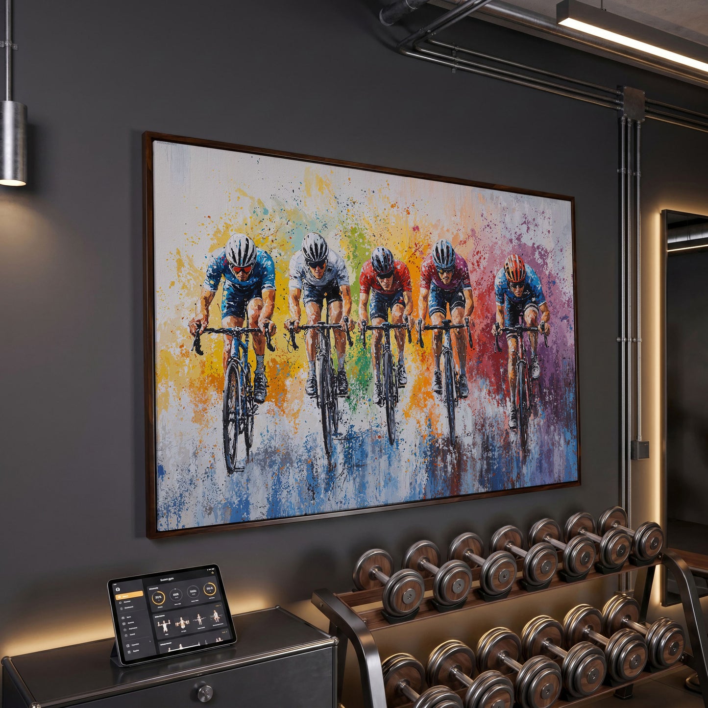 Vibrant Cycling Race Canvas Print with Abstract Brushstrokes in dark walnut floating frame