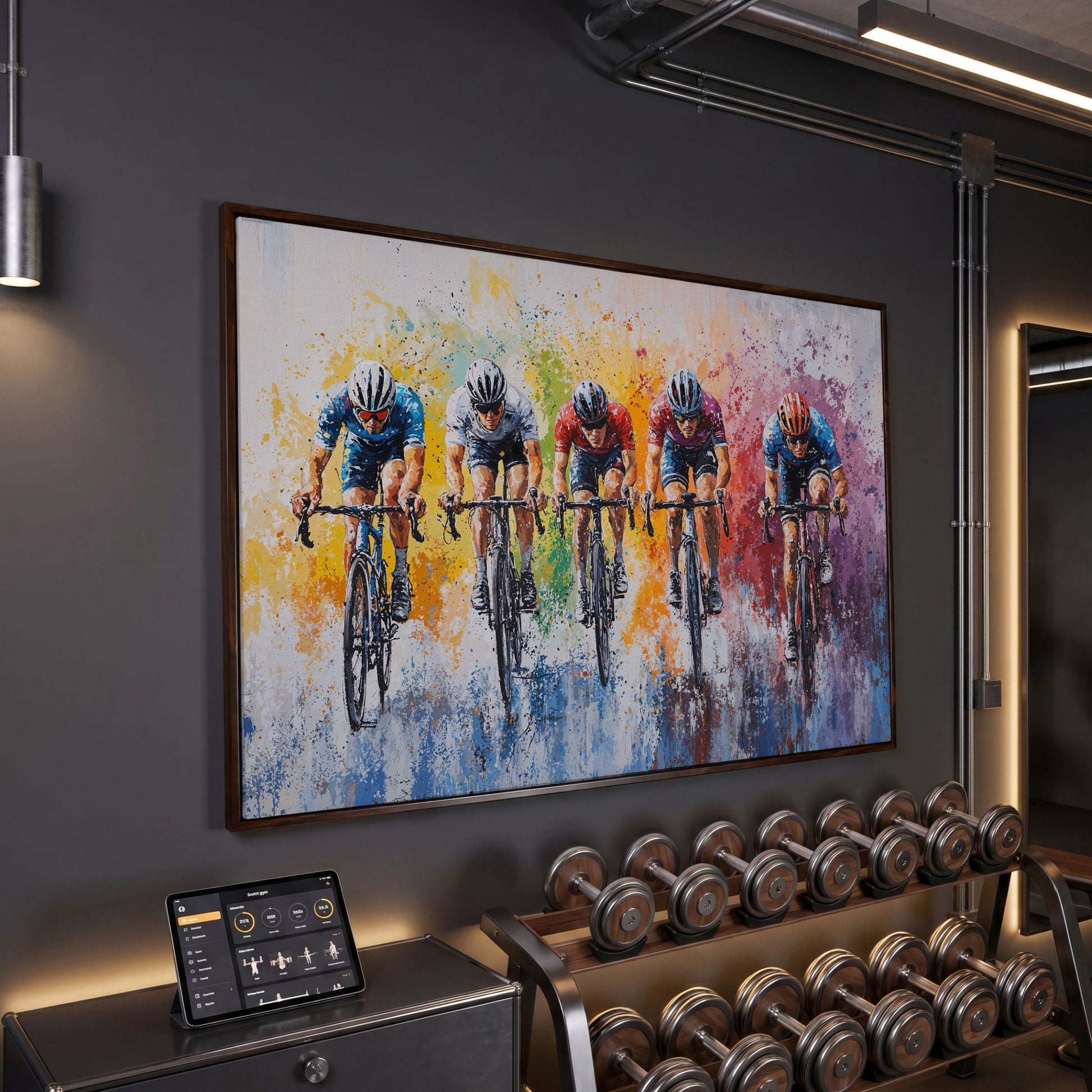 Vibrant Cycling Race Canvas Print with Abstract Brushstrokes in dark walnut floating frame