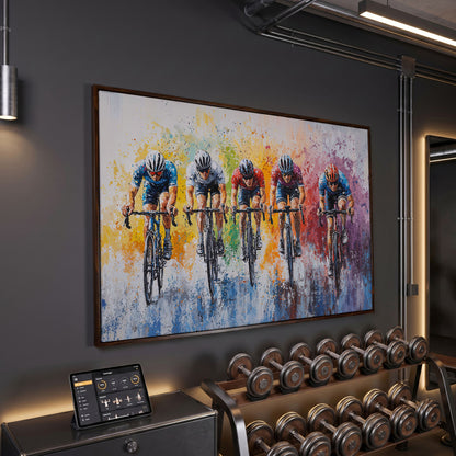 Vibrant Cycling Race Canvas Print with Abstract Brushstrokes in dark walnut floating frame