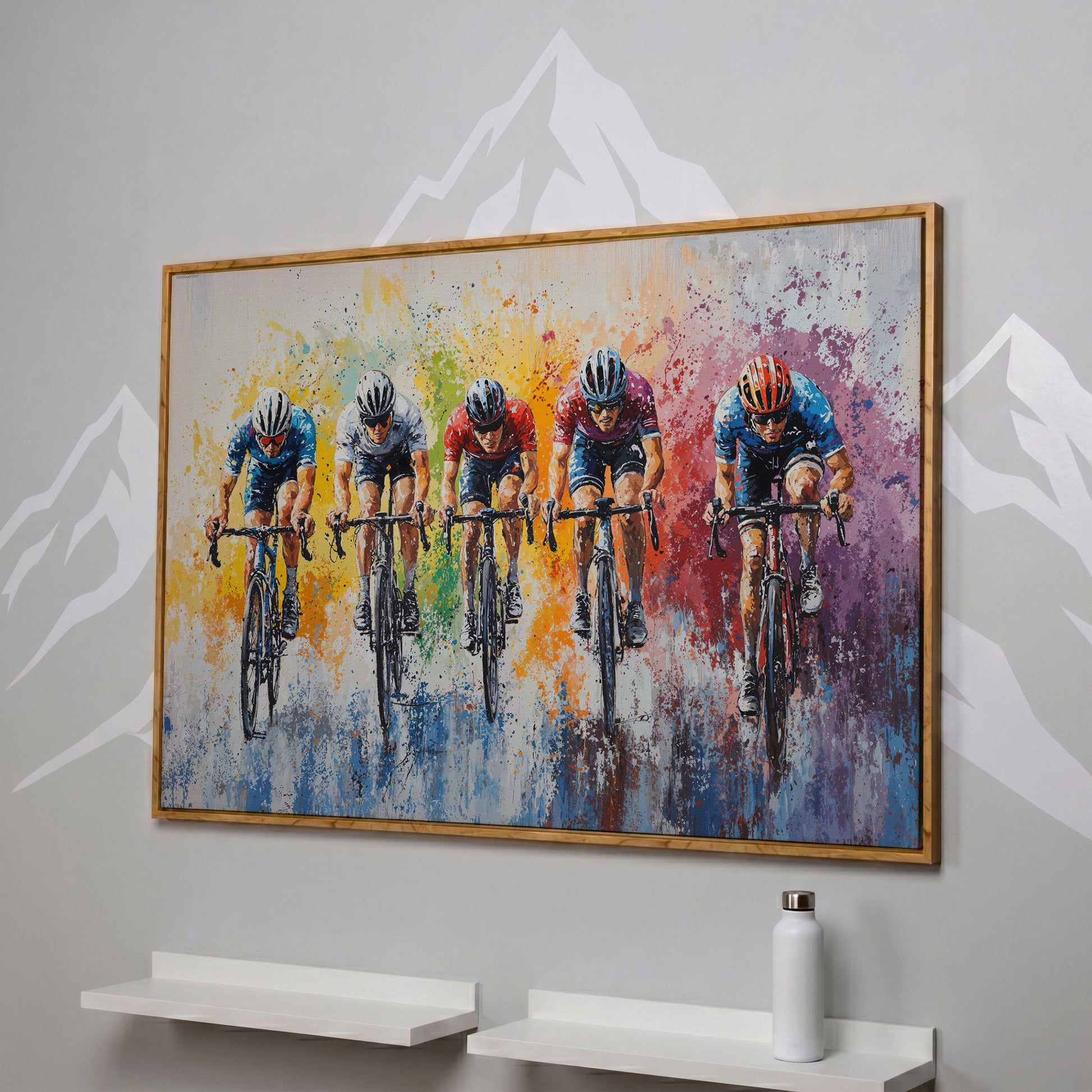Vibrant Cycling Race Canvas Print with Abstract Brushstrokes in white oak floating frame