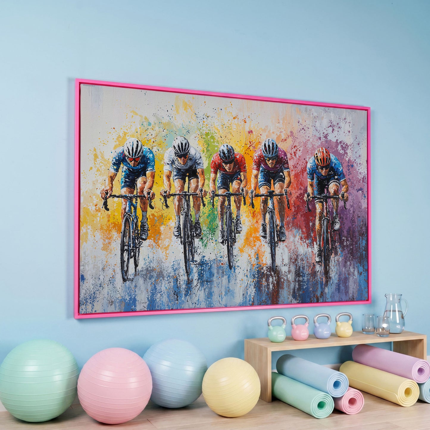 Vibrant Cycling Race Canvas Print with Abstract Brushstrokes in pink floating frame