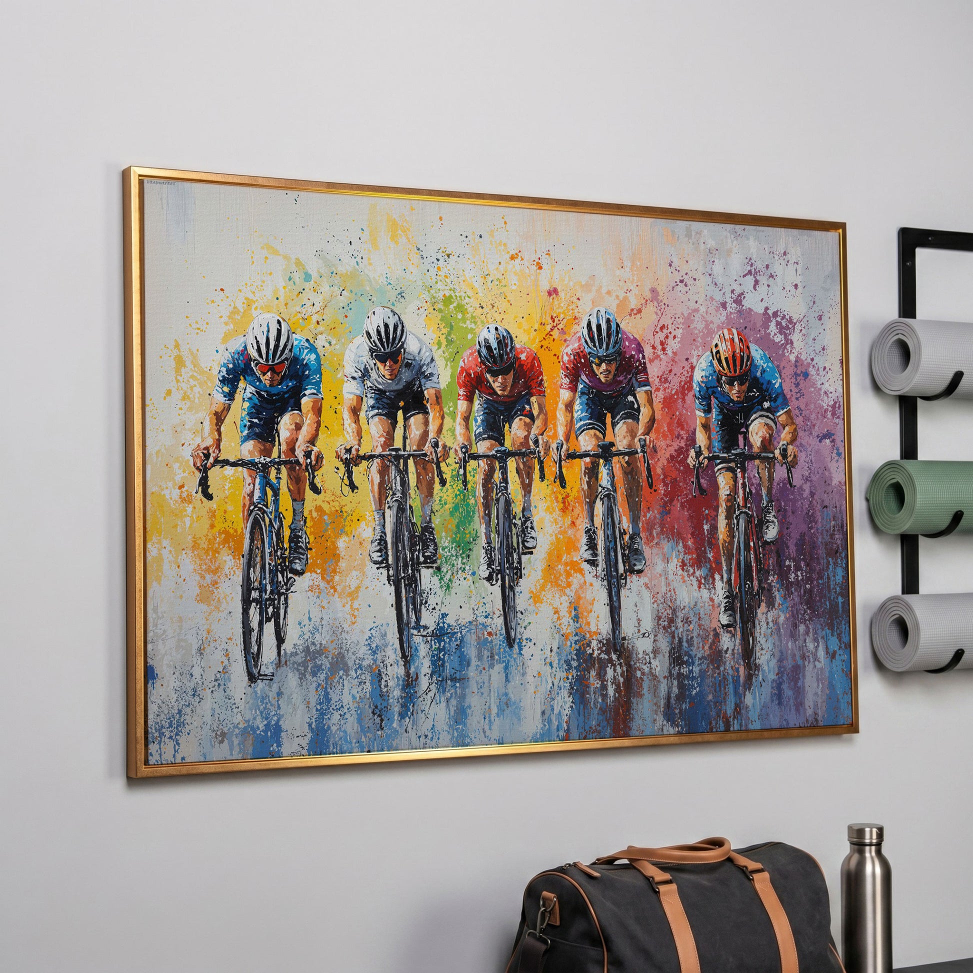 Vibrant Cycling Race Canvas Print with Abstract Brushstrokes in rose gold floating frame