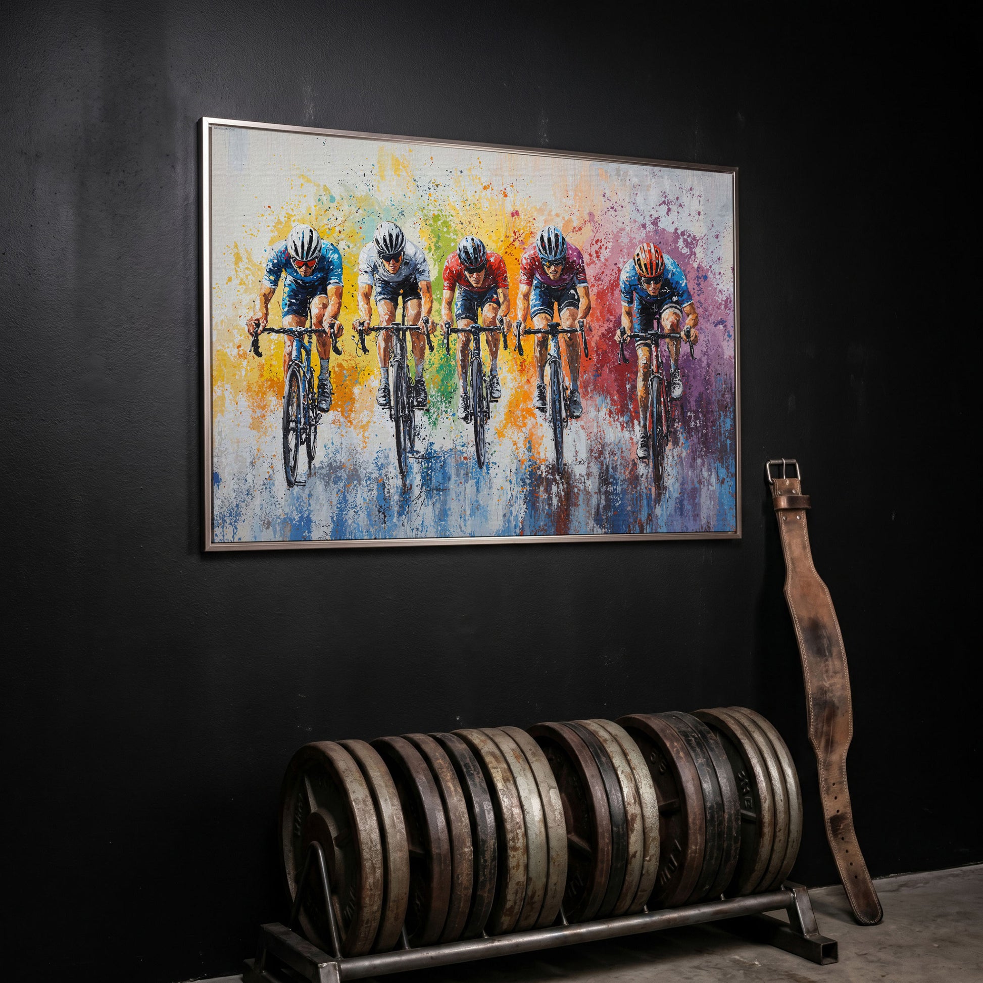 Vibrant Cycling Race Canvas Print with Abstract Brushstrokes in silver floating frame