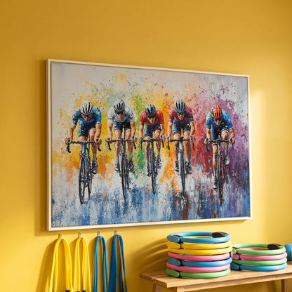 Vibrant Cycling Race Canvas Print with Abstract Brushstrokes in white floating frame