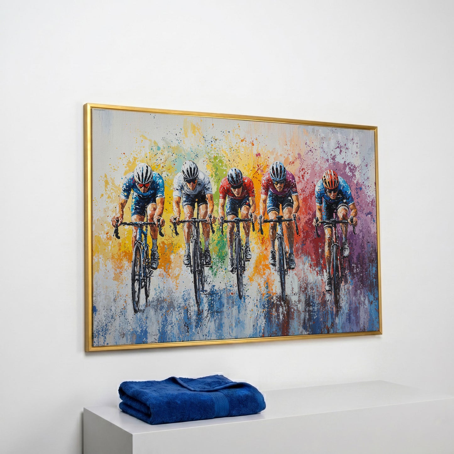 Vibrant Cycling Race Canvas Print with Abstract Brushstrokes in yellow gold floating frame