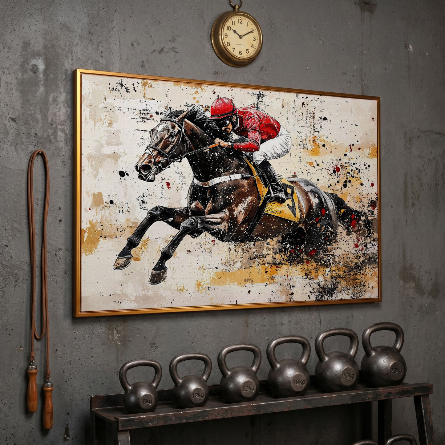 Abstract Jockey Racing Horse Canvas Print in antique gold floating frame