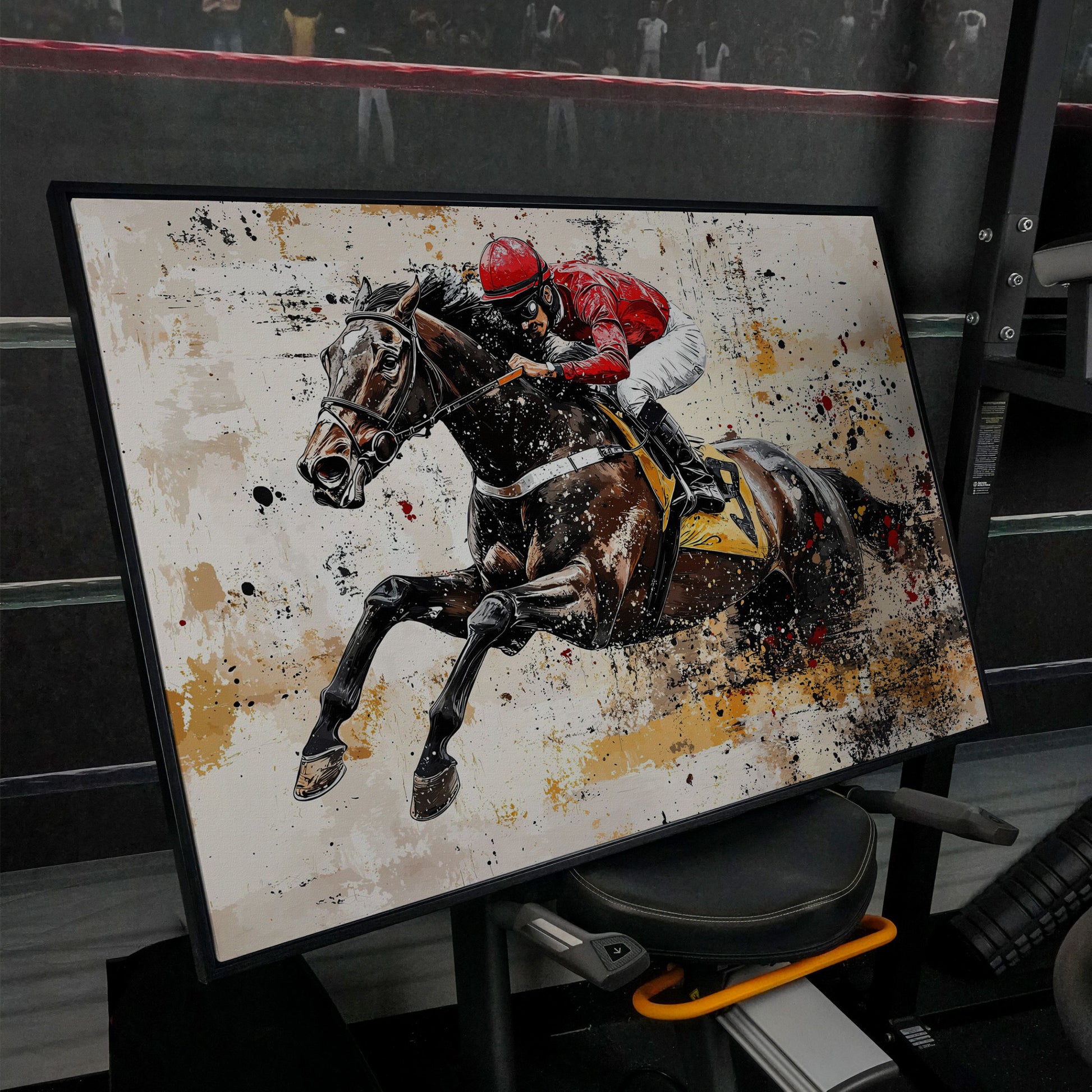 Abstract Jockey Racing Horse Canvas Print in black floating frame