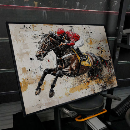 Abstract Jockey Racing Horse Canvas Print in black floating frame