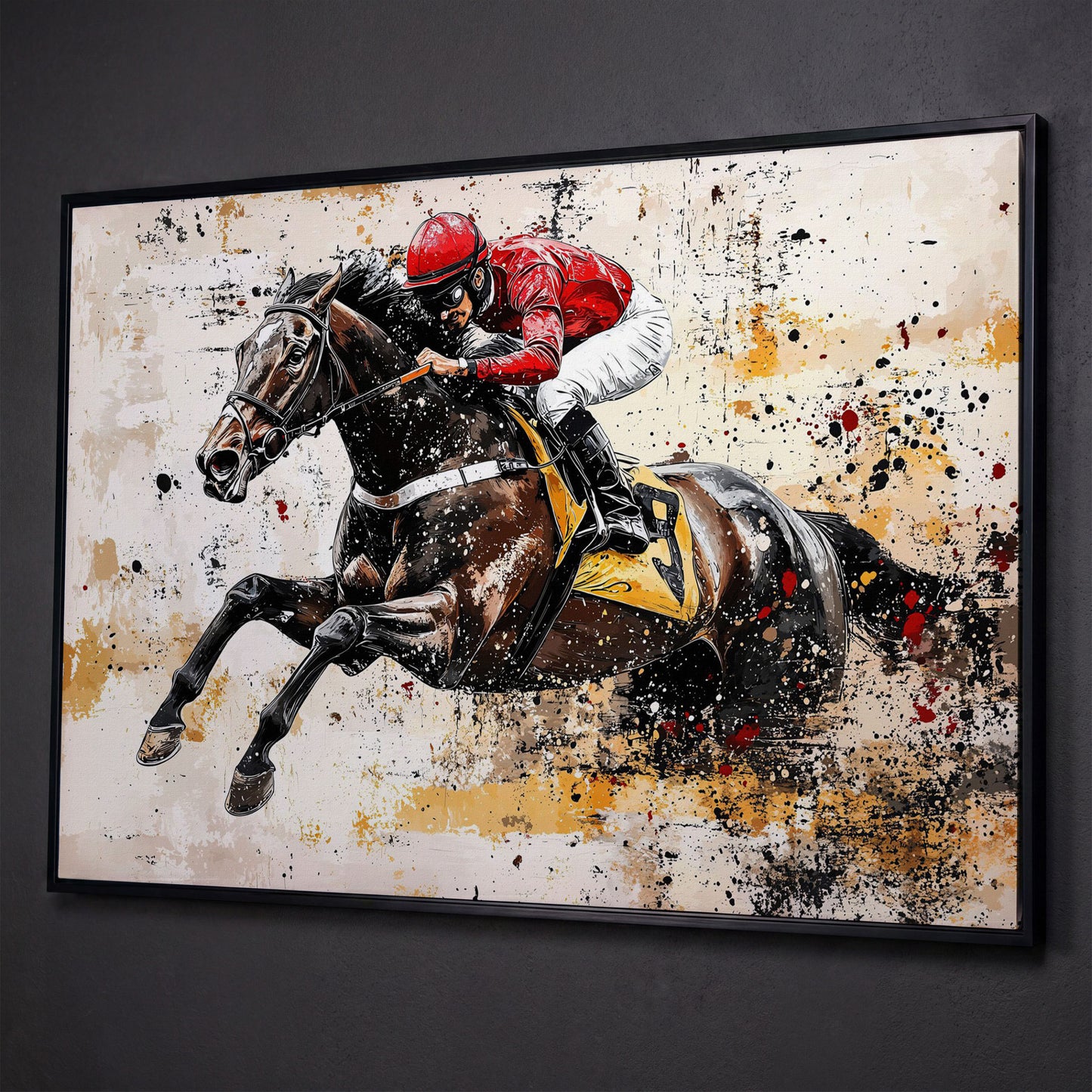 Abstract Jockey Racing Horse Canvas Print shown in black floating frame