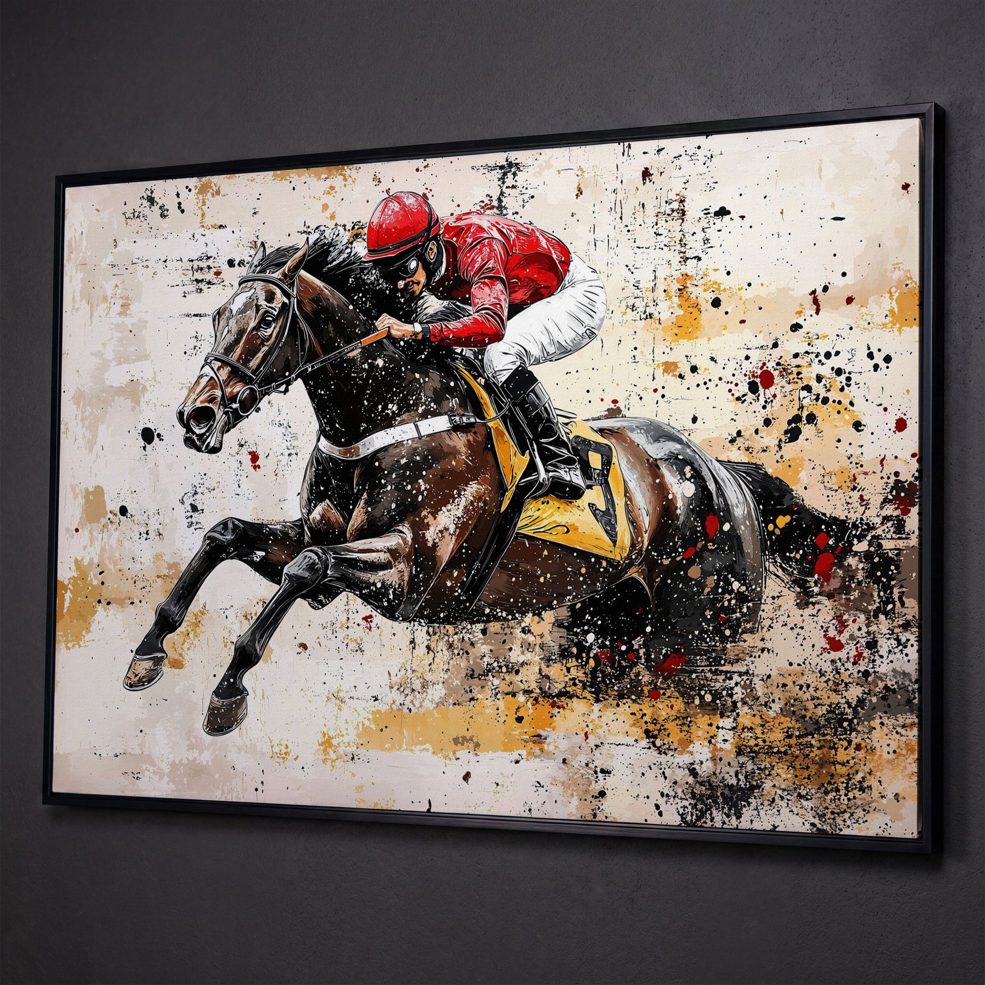 Abstract Jockey Racing Horse Canvas Print shown in black floating frame