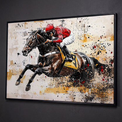 Abstract Jockey Racing Horse Canvas Print shown in black floating frame