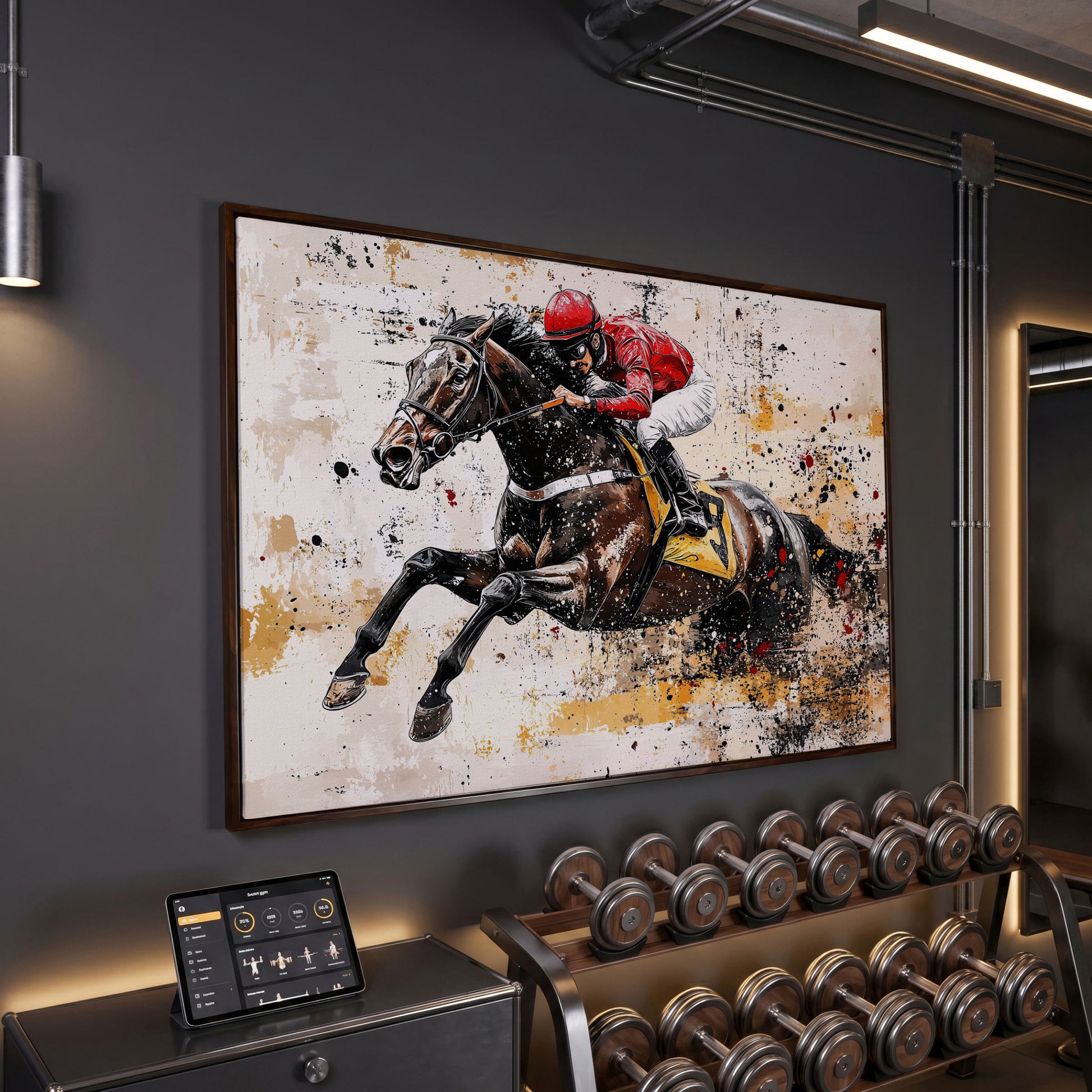 Abstract Jockey Racing Horse Canvas Print in dark walnut floating frame