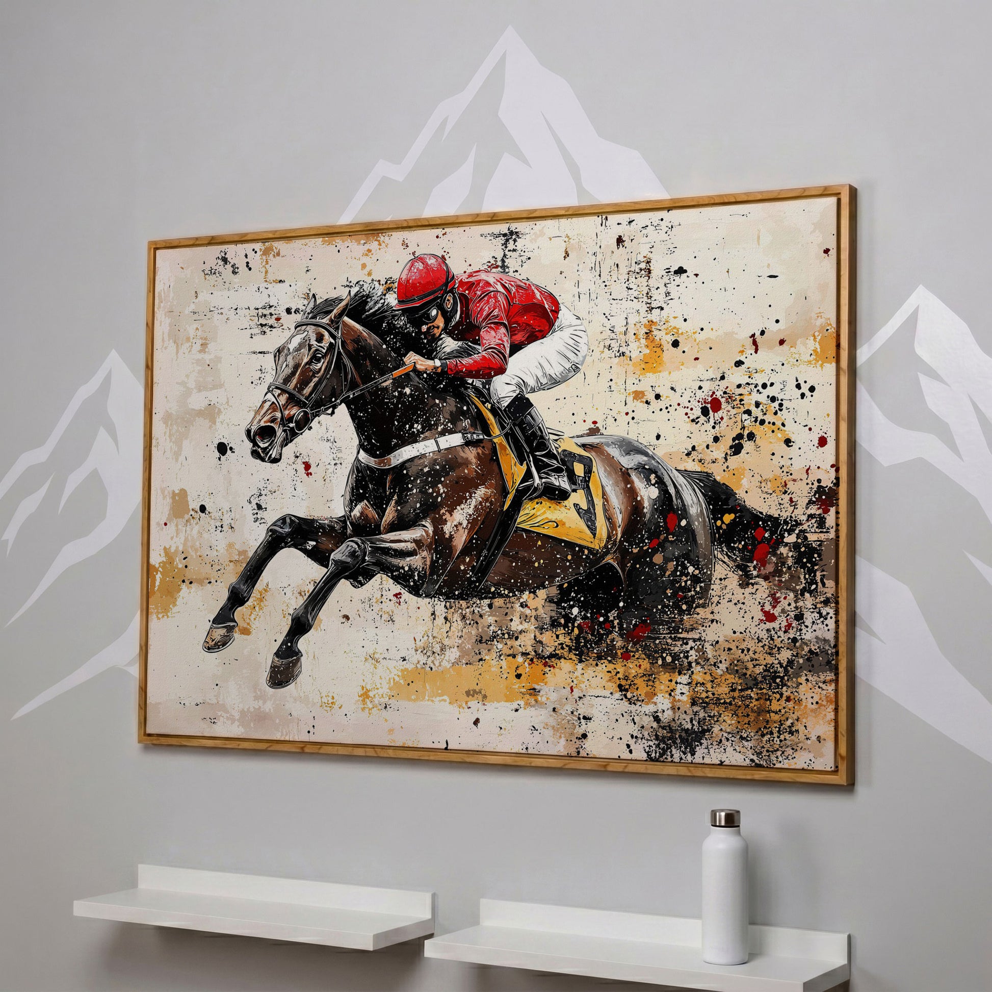Abstract Jockey Racing Horse Canvas Print in white oak floating frame