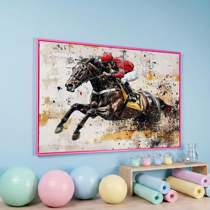 Abstract Jockey Racing Horse Canvas Print in pink floating frame