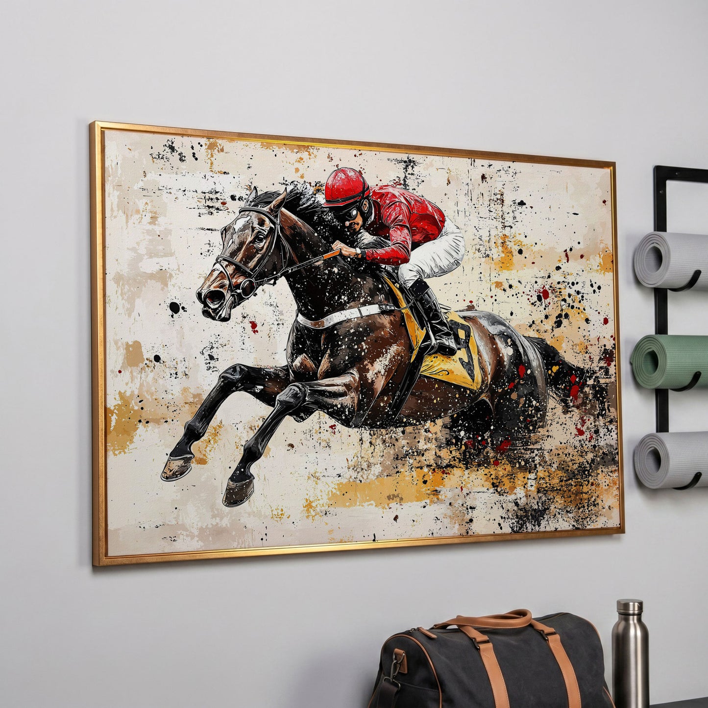 Abstract Jockey Racing Horse Canvas Print in rose gold floating frame
