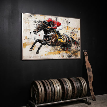 Abstract Jockey Racing Horse Canvas Print in silver floating frame